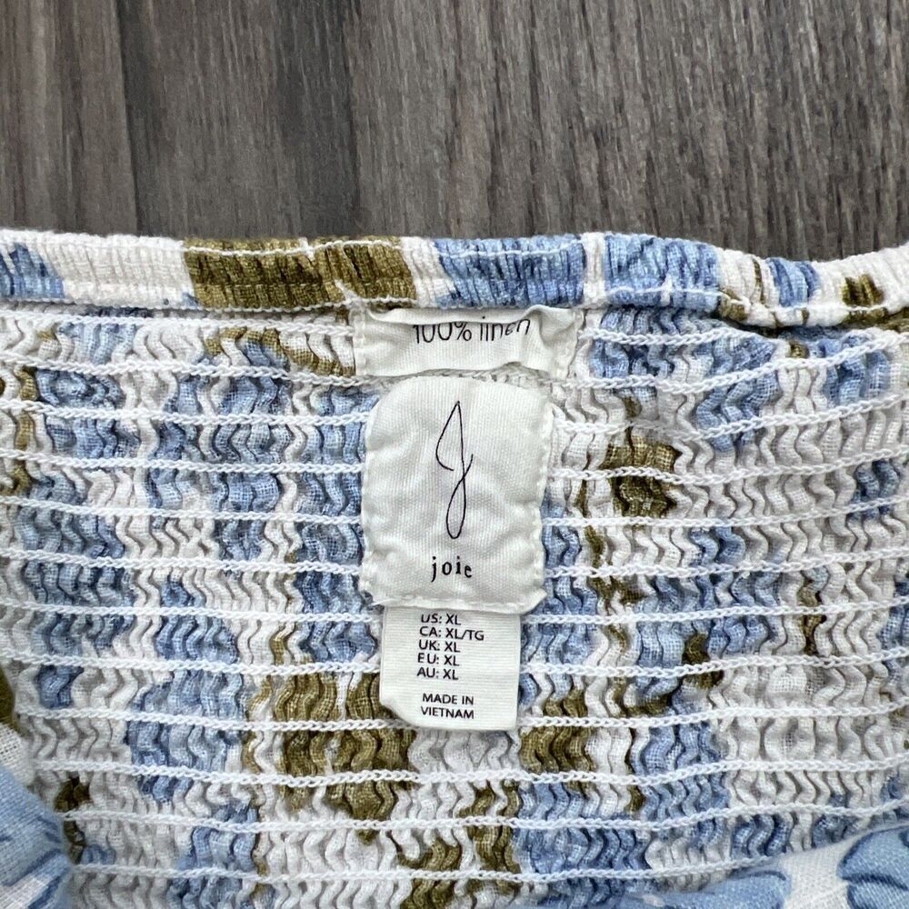 Joie Linen Linen Puff Sleeve Shirred Blue White Floral Blouse Size XL - Picture 3 of 6